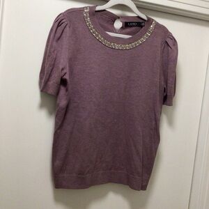 Womens Lauren Ralph Lauren Black Label Beaded Short Sleeve Sweater